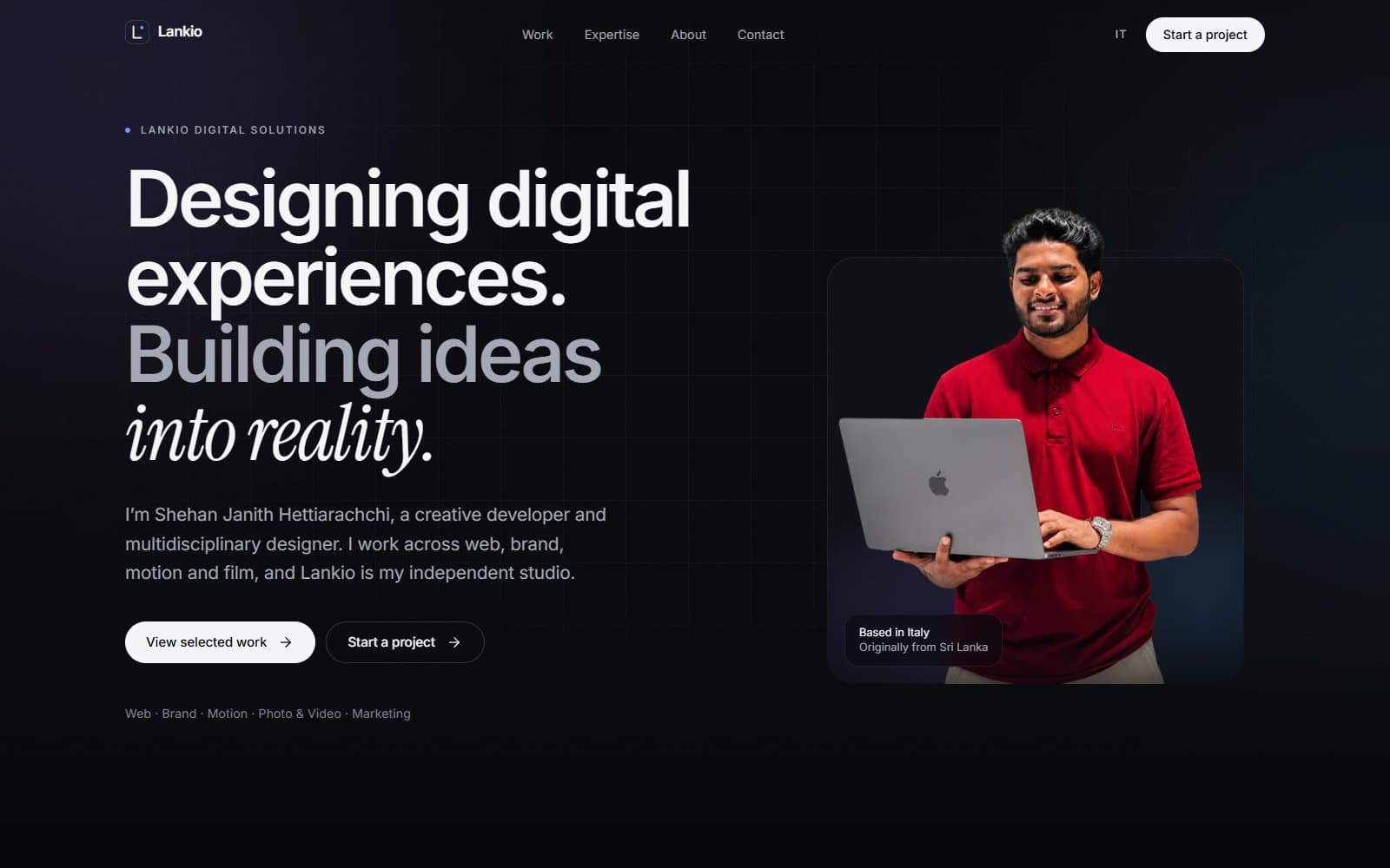 Lankio Digital Solutions home page: the headline “Designing digital experiences. Building ideas into reality.” beside a portrait of Shehan.