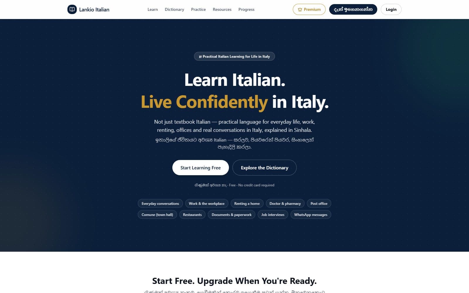 Lankio Learn home page with the headline “Learn Italian. Live Confidently in Italy.” and topic chips such as Work, Renting a home and Post office.