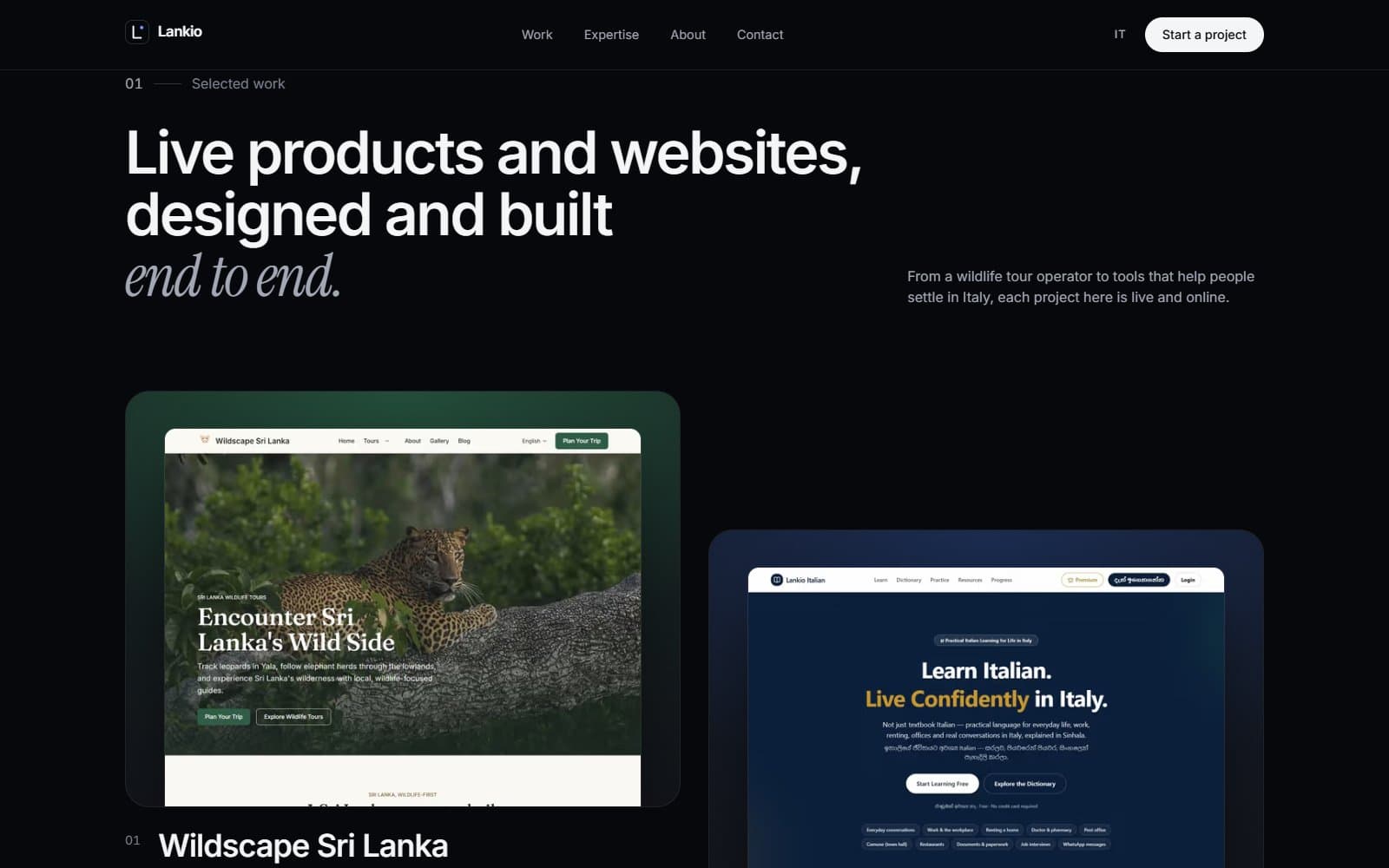 The Selected Work gallery on lankio.it, with large project previews in an editorial layout.