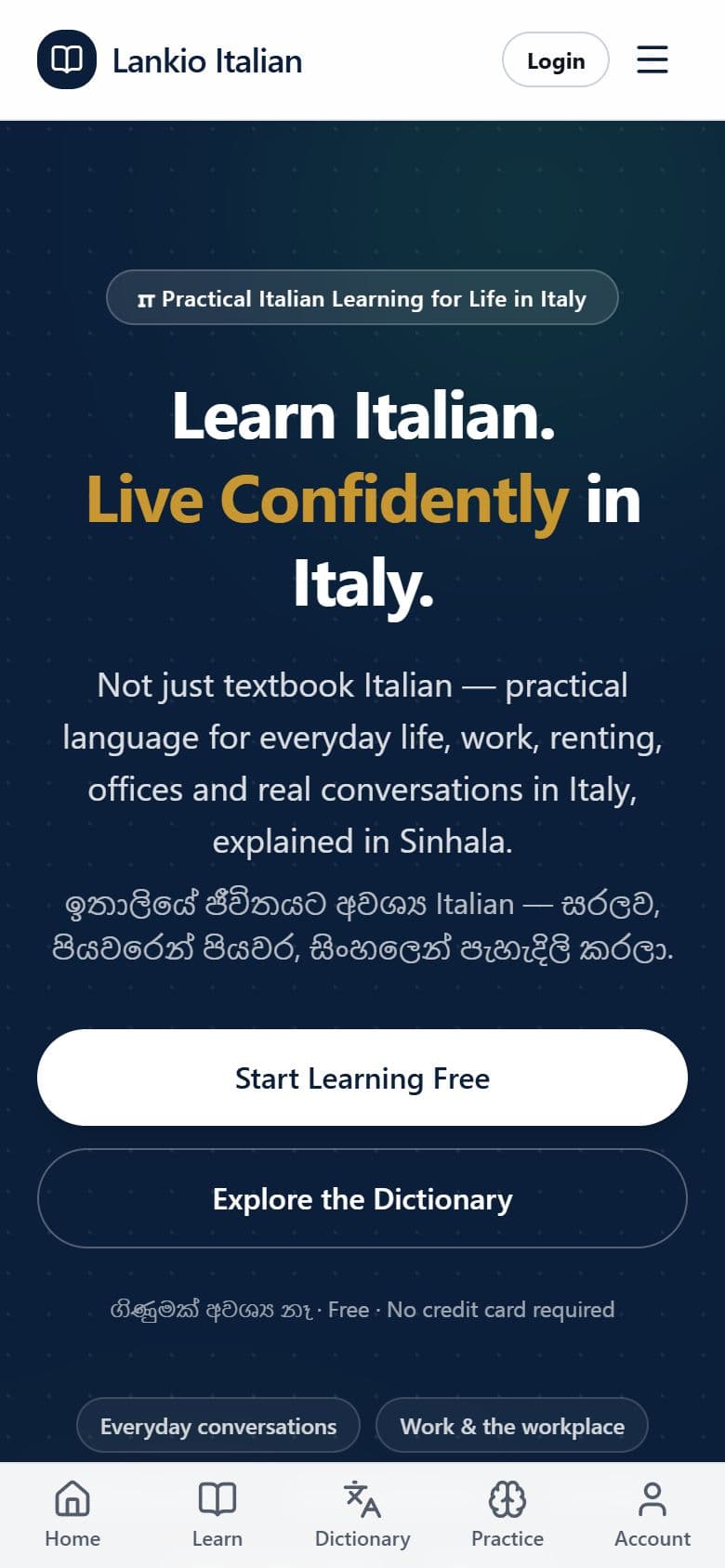 Lankio Learn on a phone, with a bottom tab bar for Home, Learn, Dictionary, Practice and Account.