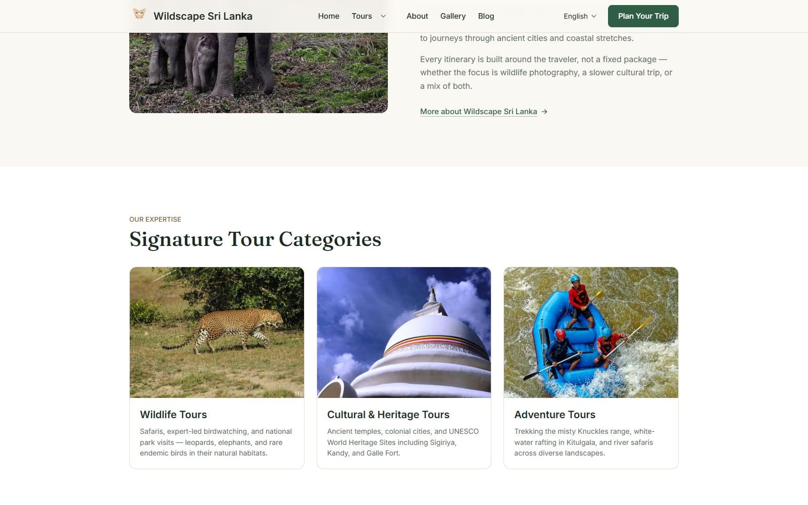 Signature tour categories: wildlife, cultural and heritage, and adventure tours shown as photographic cards.