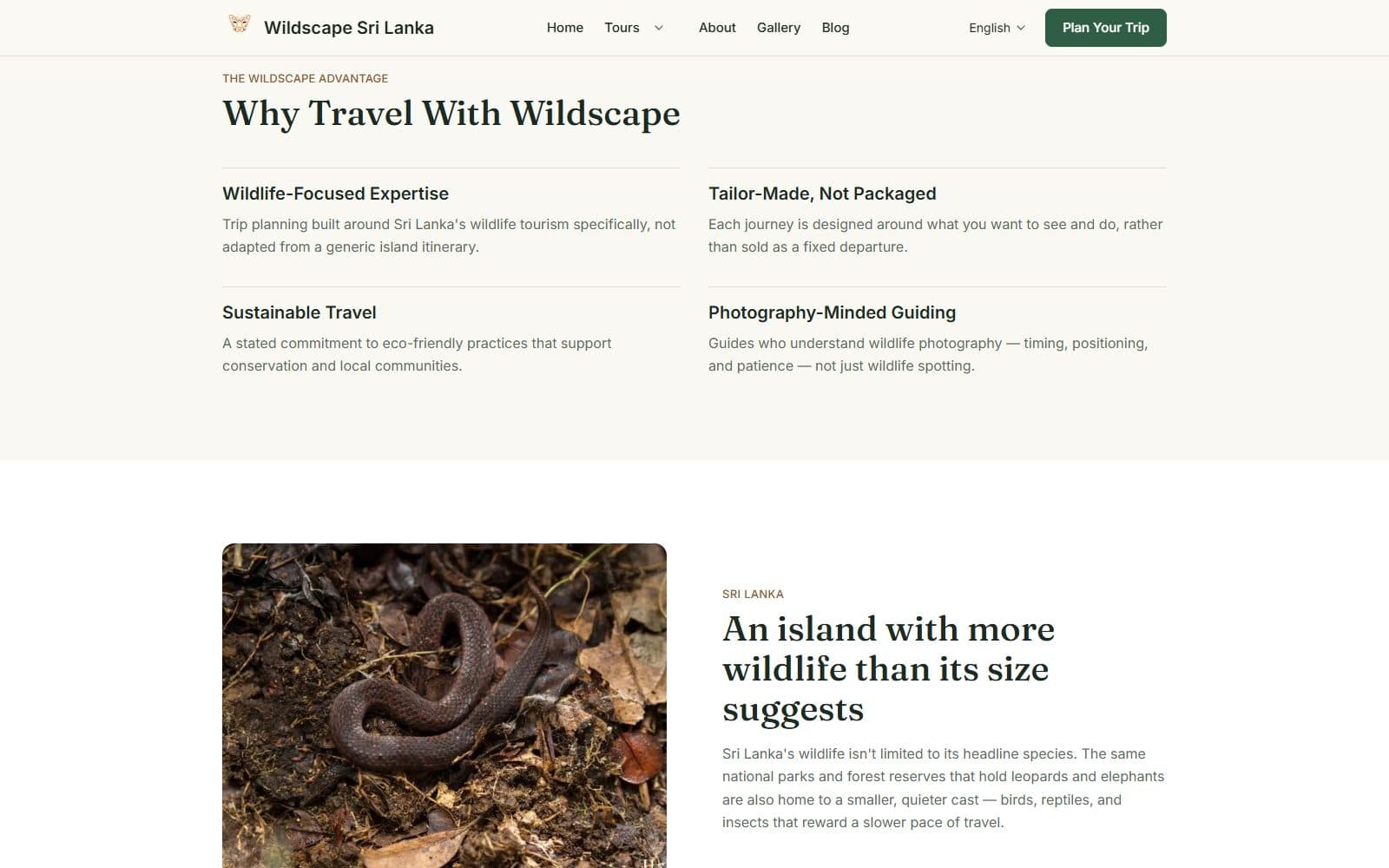 “Why travel with Wildscape” section with four editorial value statements, followed by a wildlife photograph.