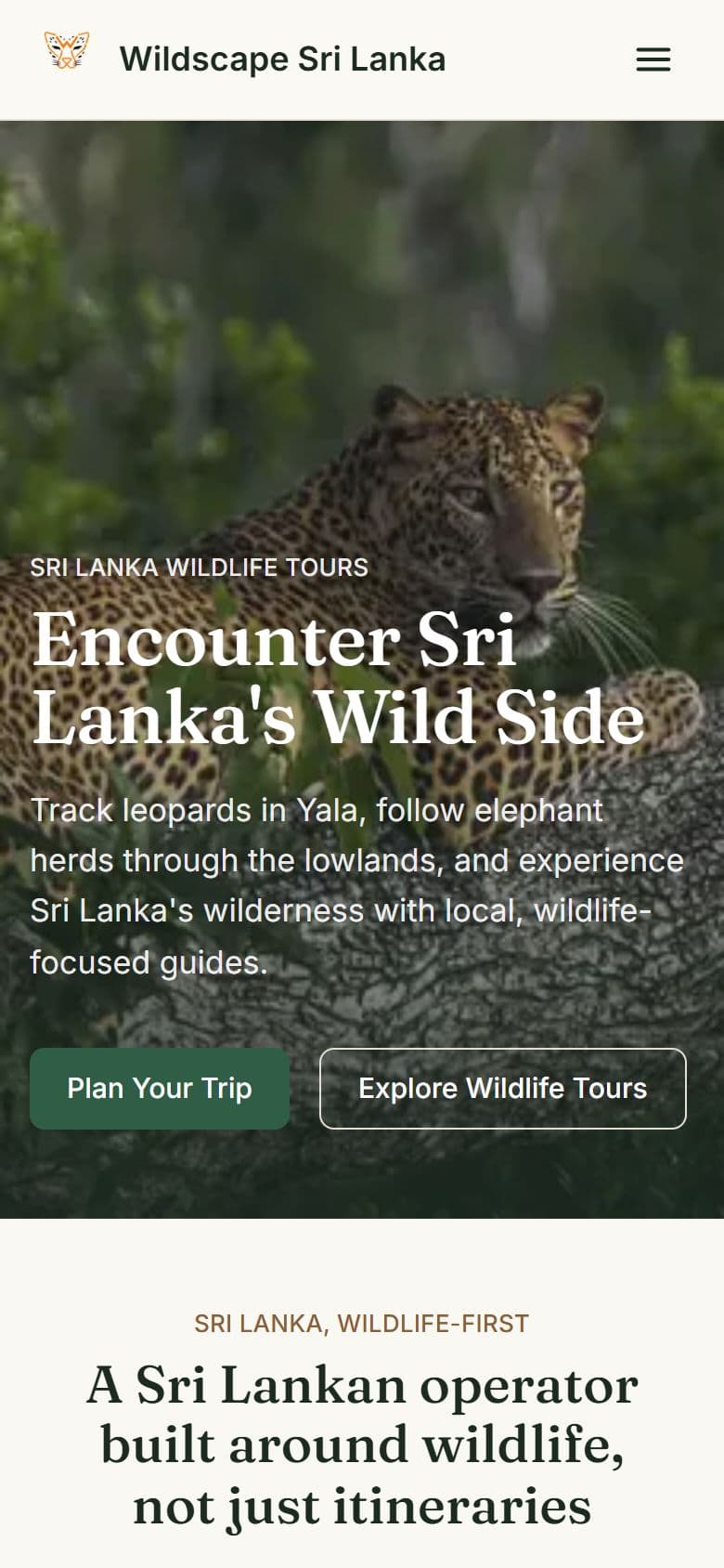 Wildscape Sri Lanka home page on a phone.